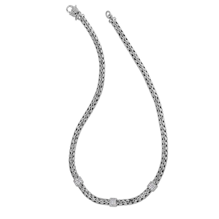 Women Phillip Gavriel | Silver Woven Chain White Sapphire Three Station Necklace