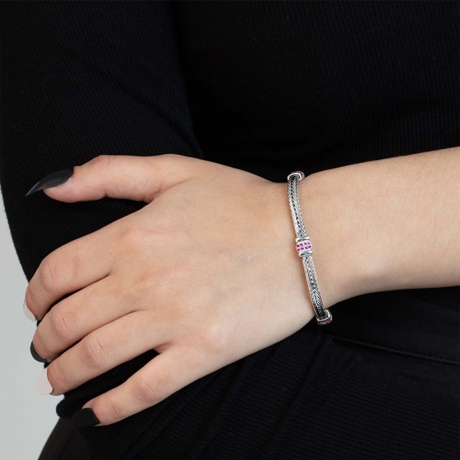 Women Phillip Gavriel | Silver Small Woven Chain Three Station Gemstone Bracelet