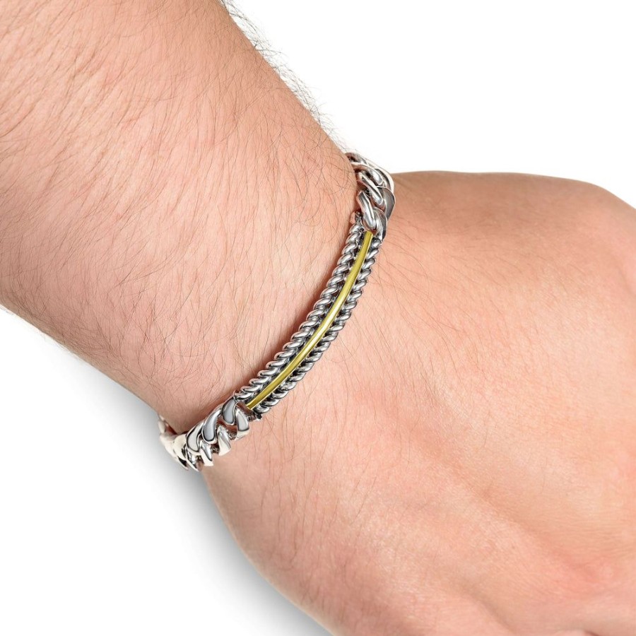 Men Phillip Gavriel | Silver & 18K Gold Cuban Link Bracelet With Cable Bar