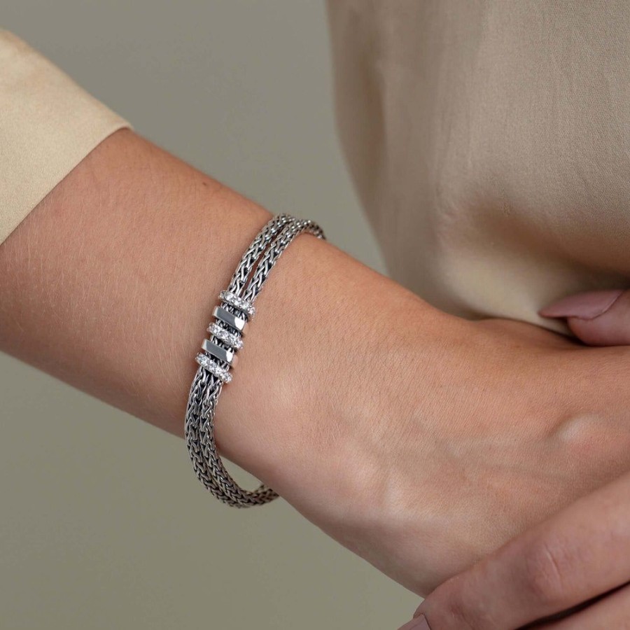 Women Phillip Gavriel | Silver And White Sapphire Double Woven Spiral Bracelet