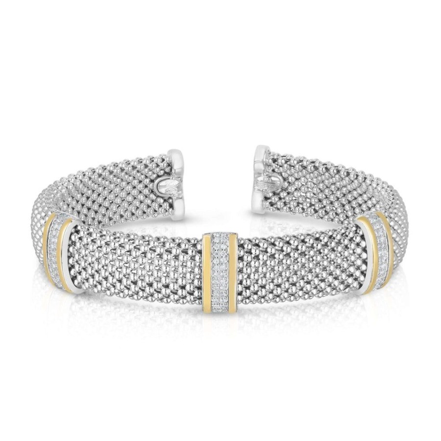 Women Phillip Gavriel | Silver & 18K Gold Diamond Station Striped Bold Cuff