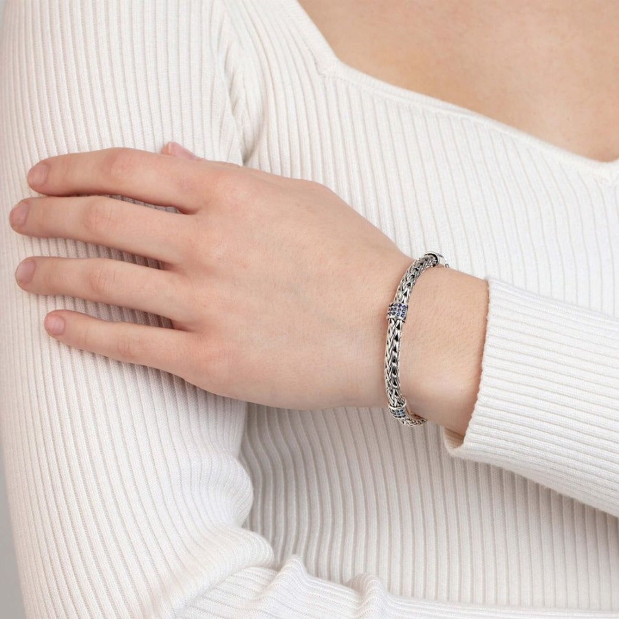 Women Phillip Gavriel | Silver Woven Chain Sapphire Three Station Bracelet