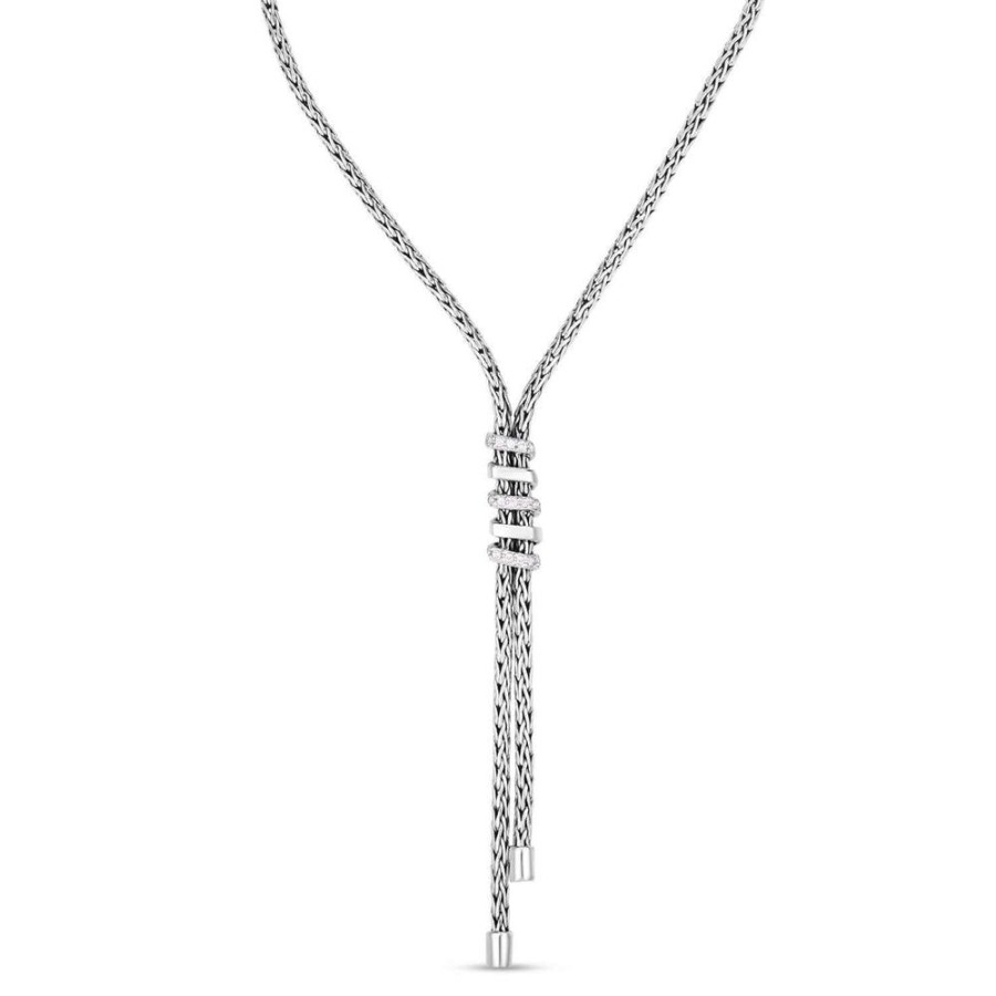 Women Phillip Gavriel | Silver Woven Spiral Lariat Necklace With White Sapphires