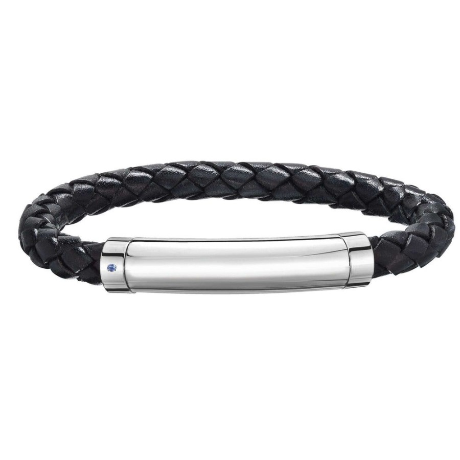 Men Phillip Gavriel | Sterling Silver Men'S Leather Bar Bracelet With Blue Sapphire