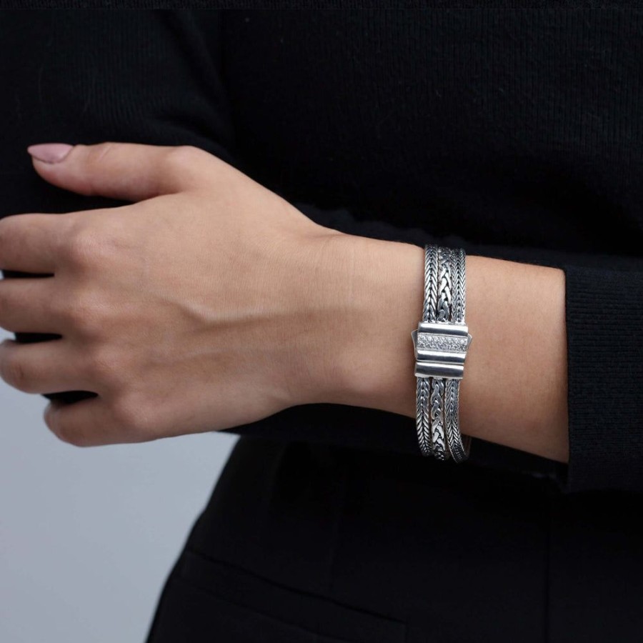 Women Phillip Gavriel | Silver Woven Multi-Chain Bracelet With White Sapphires