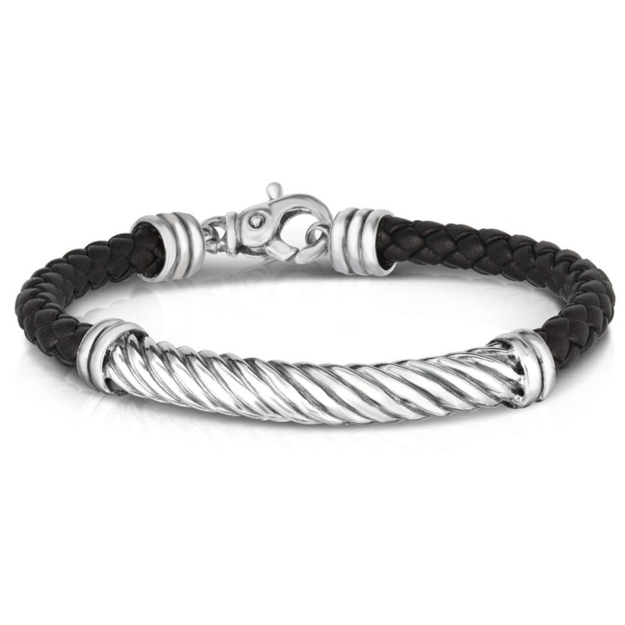 Men Phillip Gavriel | Silver Men'S Twisted Cable Leather Bracelet